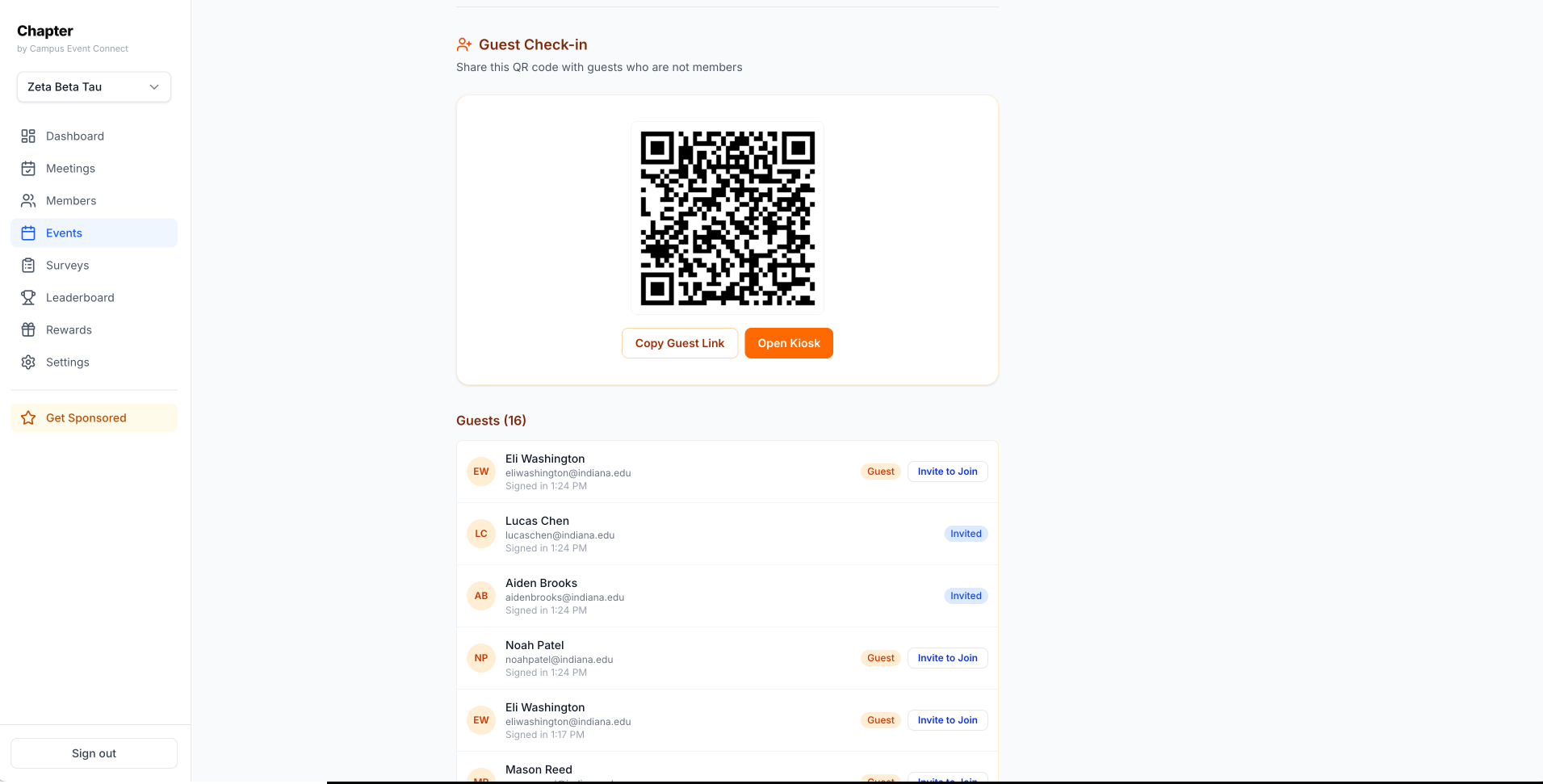 Chapter QR code attendance check-in